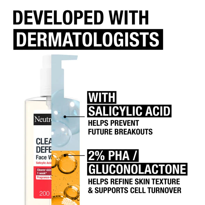 Neutrogena Clear Defend Face Wash with salicylic acid and PHA/Glucanolactone on a white background.