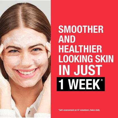 Woman with a Neutrogena facial mask on her face, smiling, with text about smoother and healthier skin in 1 week on a red background.