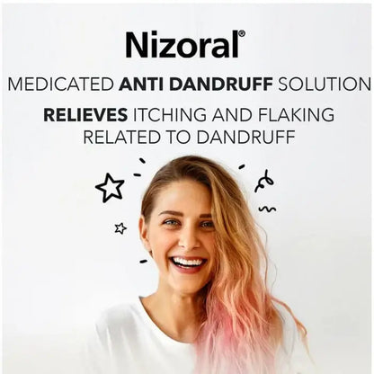 Advertisement for Nizoral anti-dandruff solution featuring a woman with blonde hair.