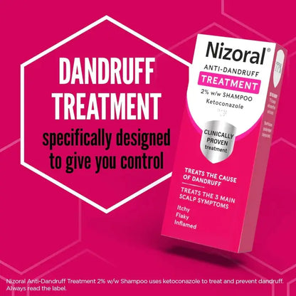 Nizoral dandruff treatment packaging on a pink background with text about dandruff treatment.