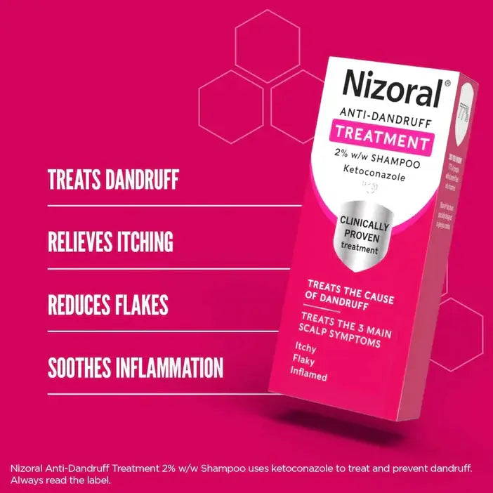 Nizoral anti-dandruff treatment packaging on a pink background with text highlighting benefits.