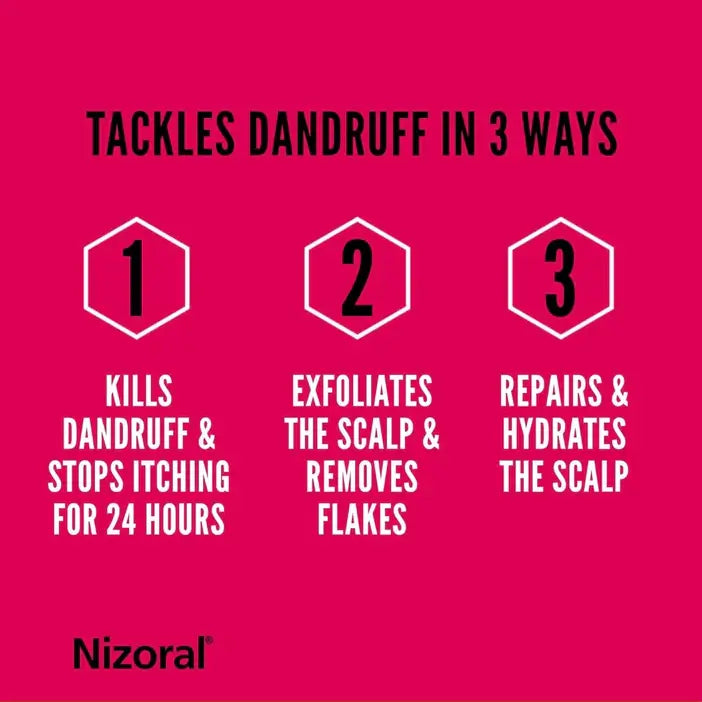 Nizoral advertisement on a pink background with text about dandruff solutions.