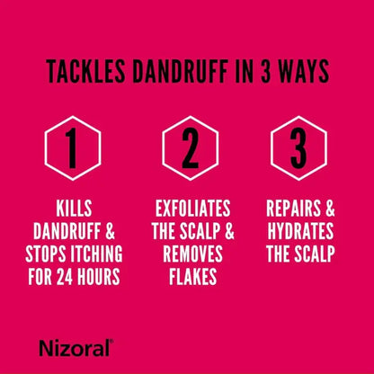 Nizoral advertisement on a pink background with text about dandruff solutions.