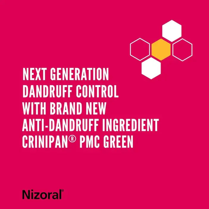 Nizoral advertisement for next-generation dandruff control with Crinipan PMC Green on a pink background.