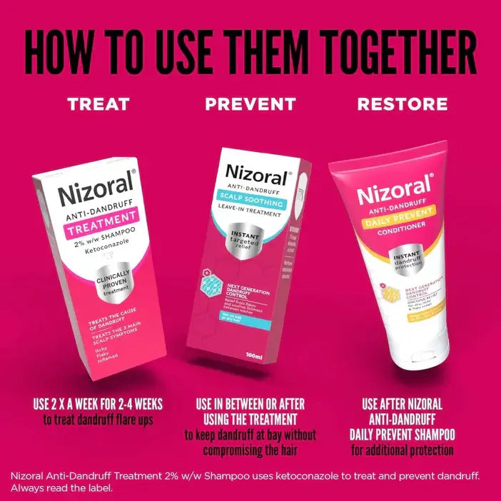 Nizoral anti-dandruff products with usage instructions on a pink background