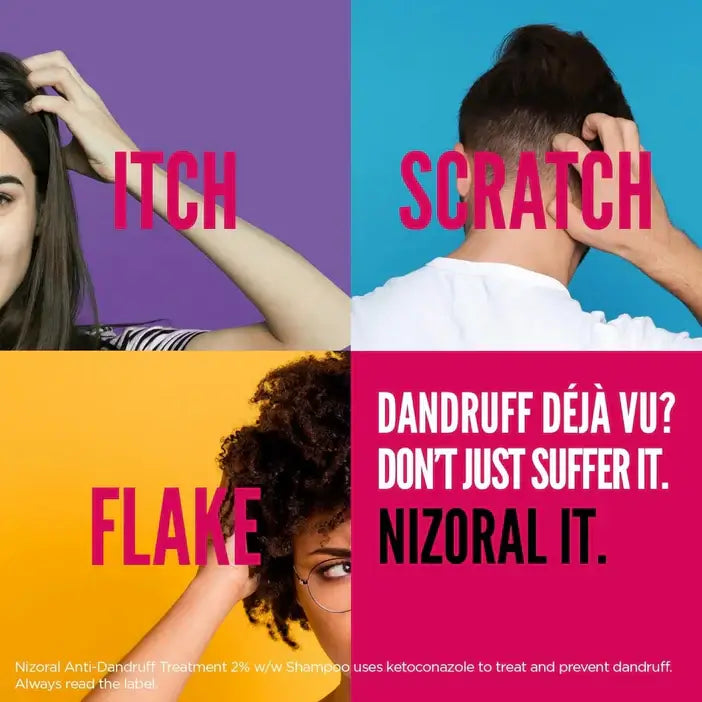 Advertisement for Nizoral featuring people with dandruff symptoms on a colorful background.