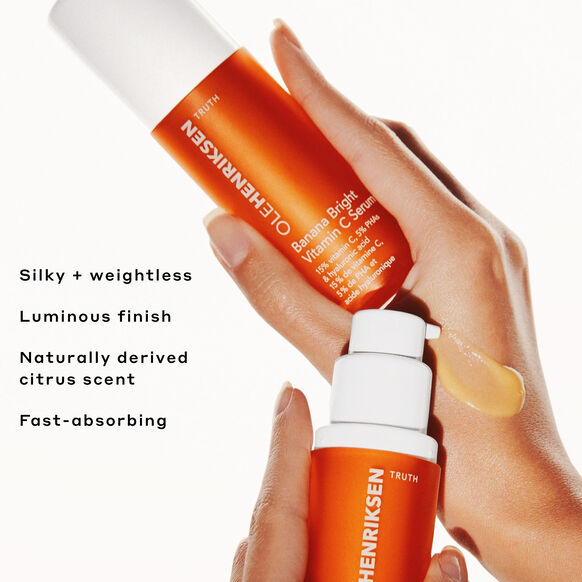 Hand holding a bottle of Ole Henriksen skincare product with text highlighting features.