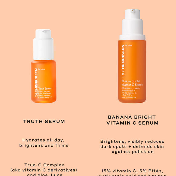 Two bottles of Ole Henriksen skincare products on a peach background