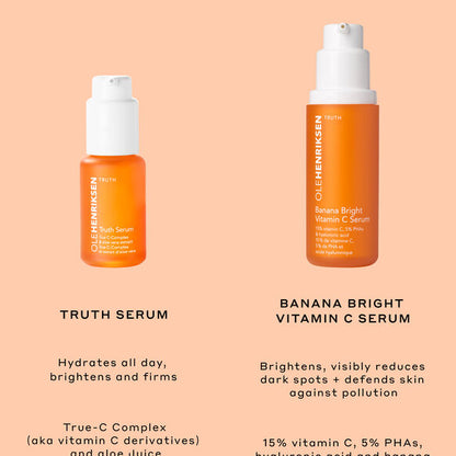 Two bottles of Ole Henriksen skincare products on a peach background