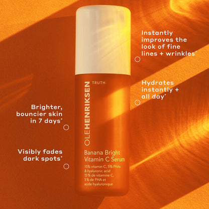 Ole Henriksen Banana Bright Vitamin C Serum bottle on an orange background with product benefits text.