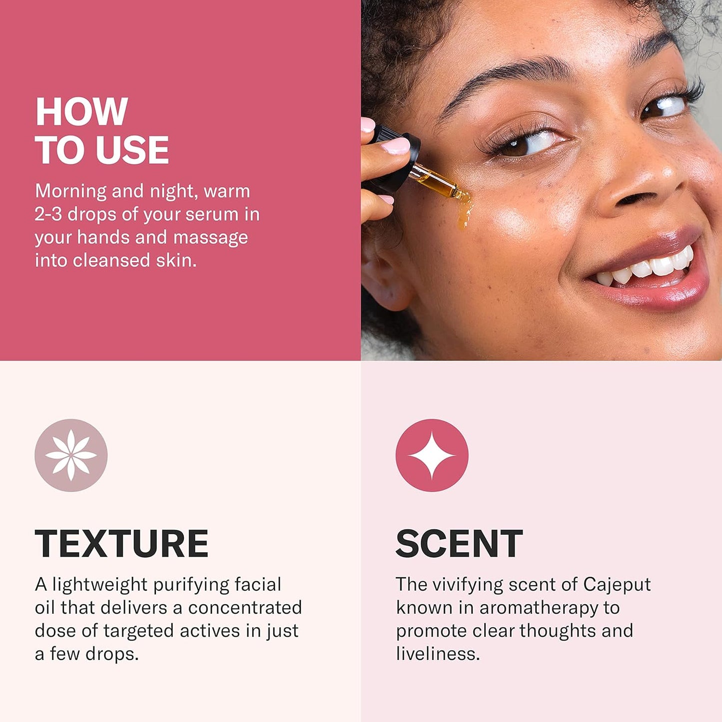 Instructions on how to use Odacité facial serum with a close-up of a woman applying it, along with texture and scent information.