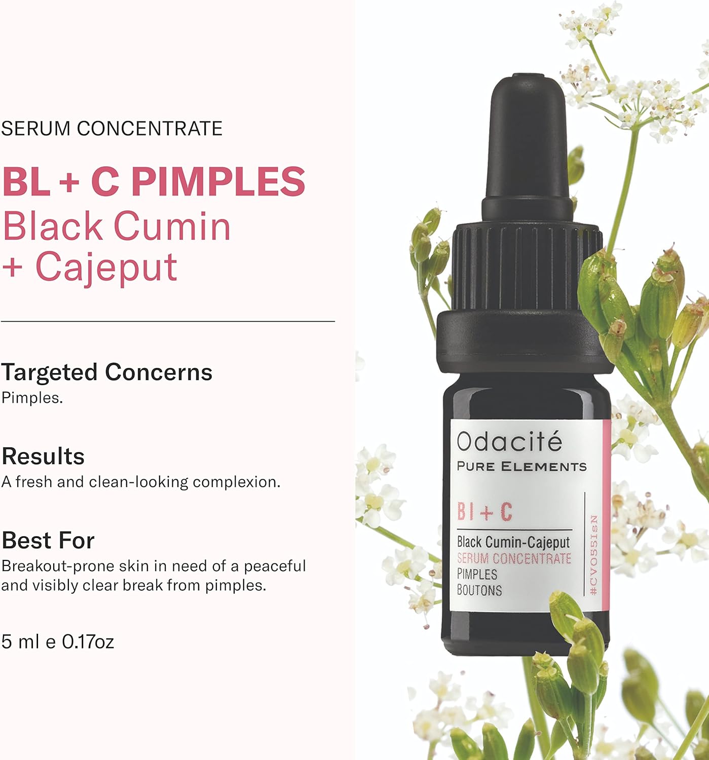 Odaécité serum concentrate bottle with botanical elements on a white background