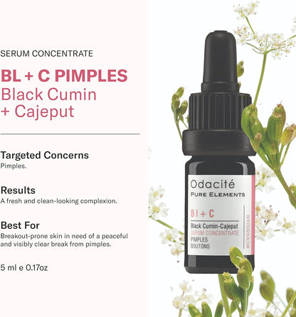 Odaécité serum concentrate bottle with botanical elements on a white background