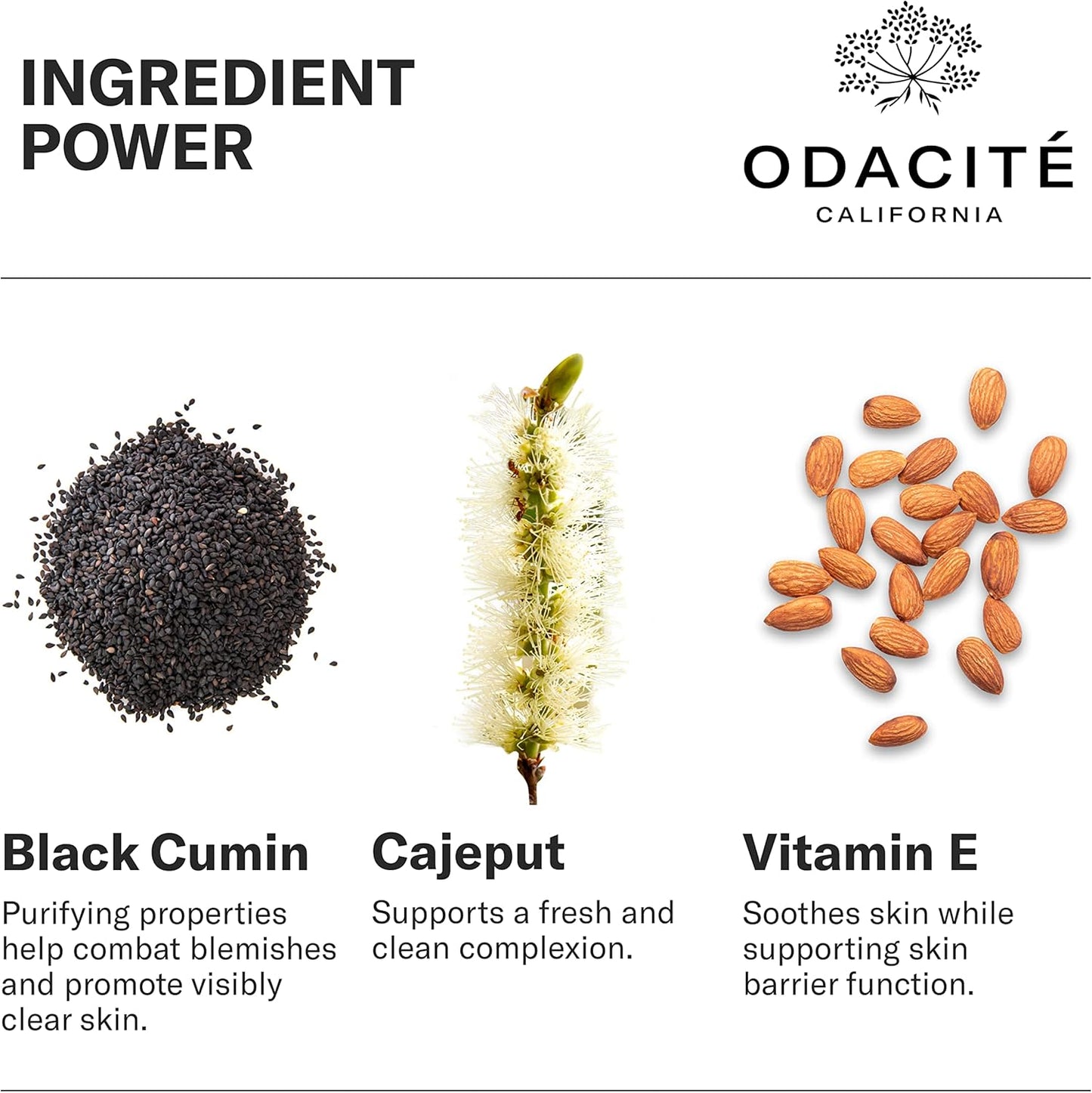 Odacité California product with ingredients black cumin, cajeput, and vitamin E displayed.