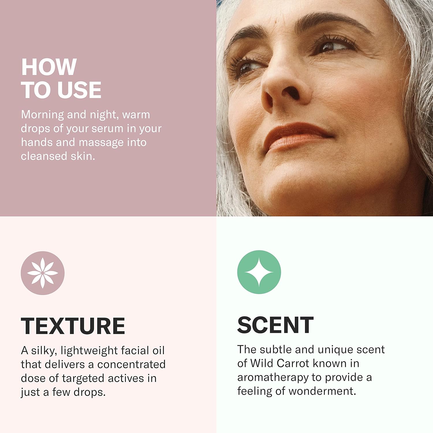 Odacité Product packaging for a facial oil with usage instructions, texture description, and scent information.