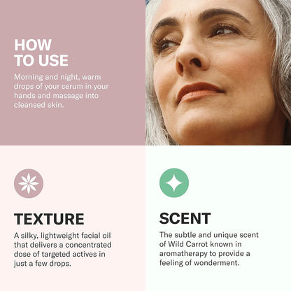 Odacité Product packaging for a facial oil with usage instructions, texture description, and scent information.