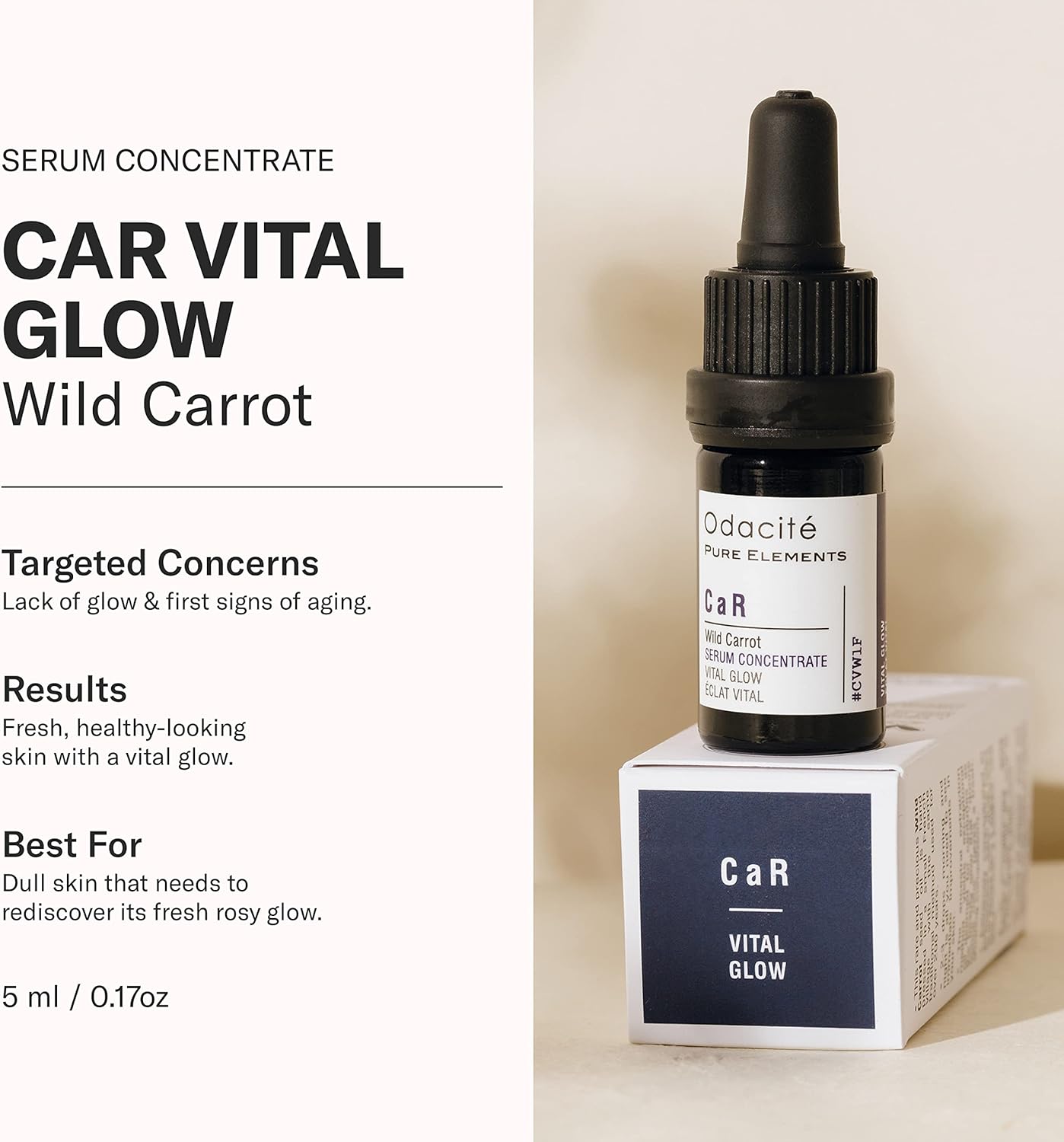 Odacité Serum concentrate bottle labeled 'Car Vital Glow' with packaging on a beige background