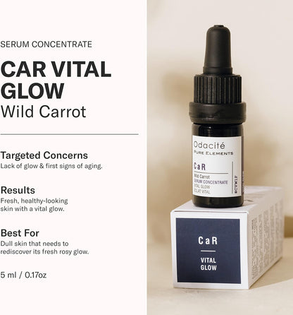 Odacité Serum concentrate bottle labeled 'Car Vital Glow' with packaging on a beige background