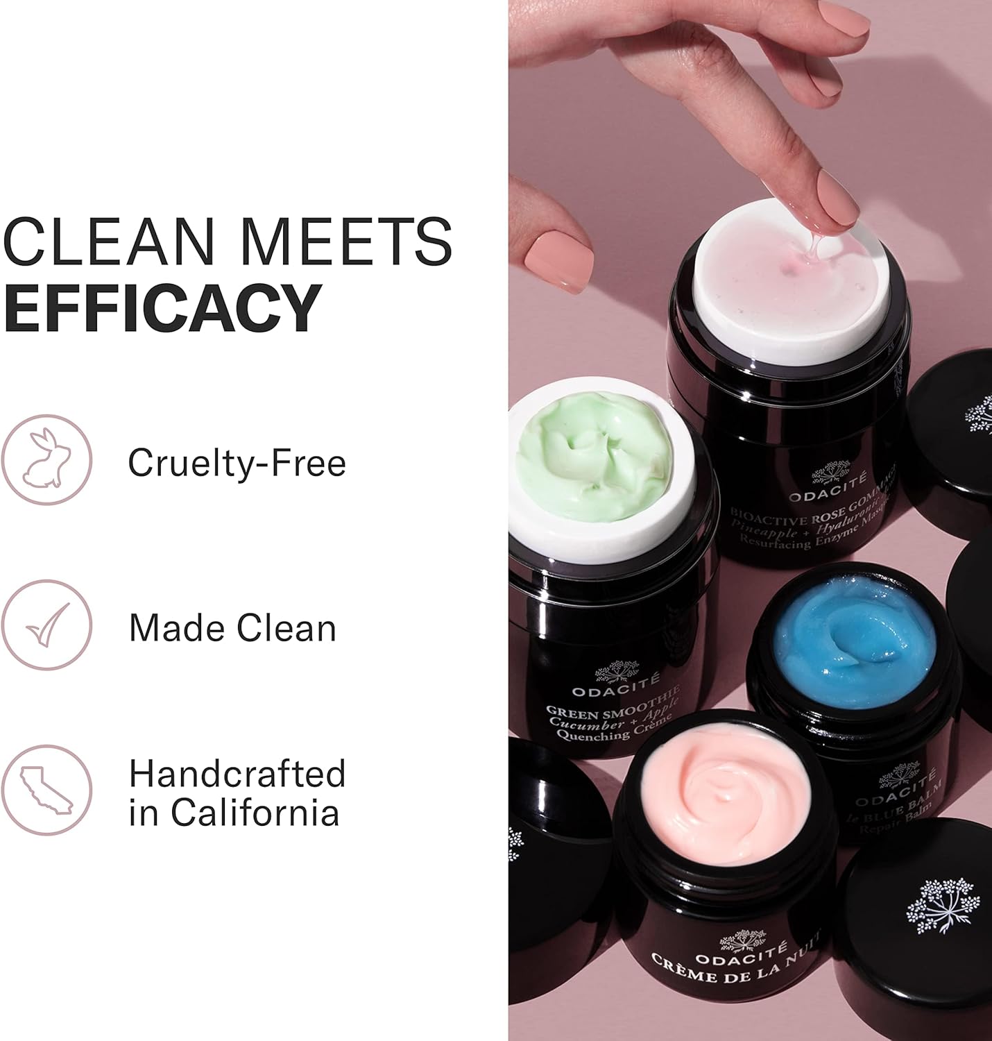 Odacité  Cosmetic jars with visible brand name, hand applying cream, and text about product attributes on a white background.