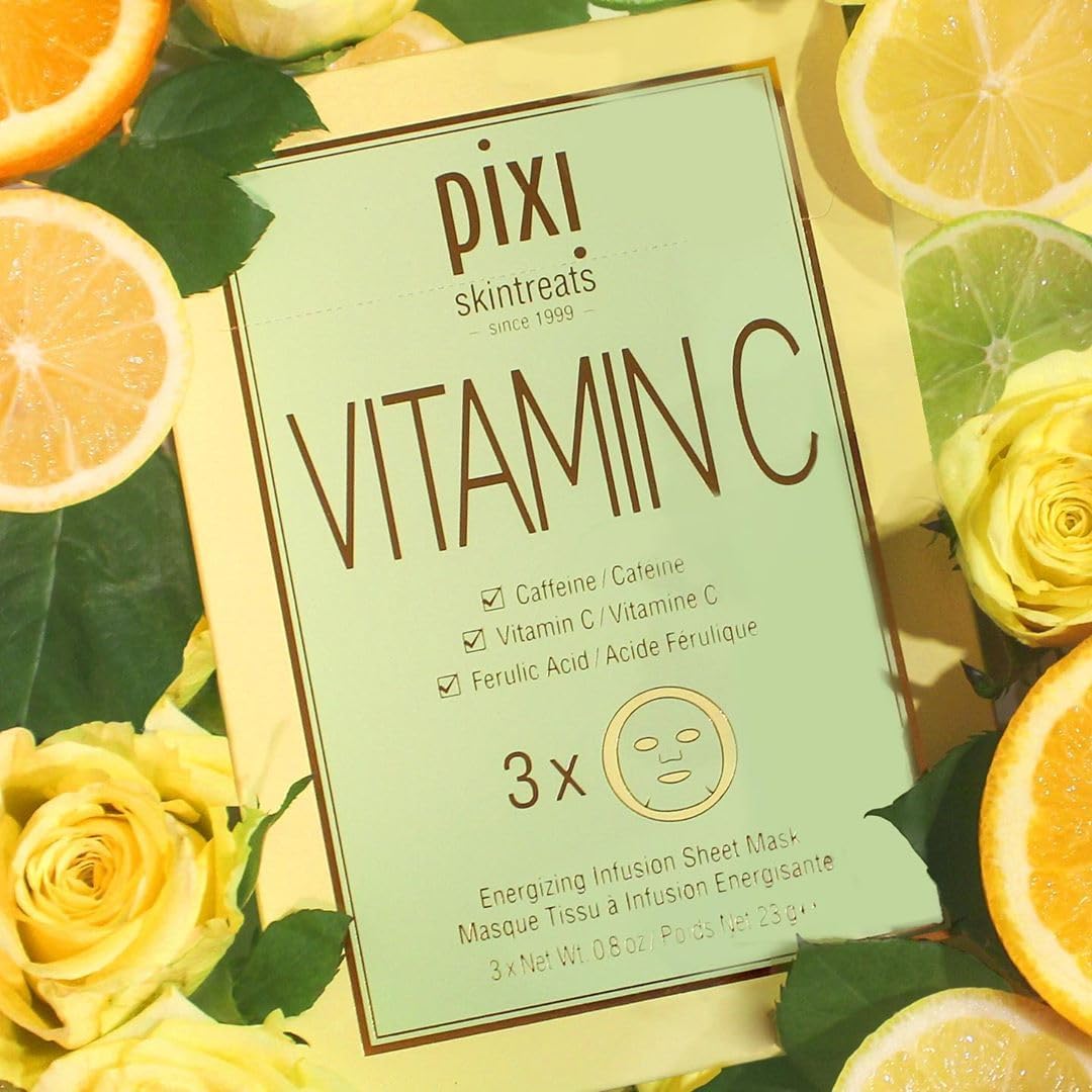  PIXI Vitamin C skincare product packaging surrounded by fruits and flowers