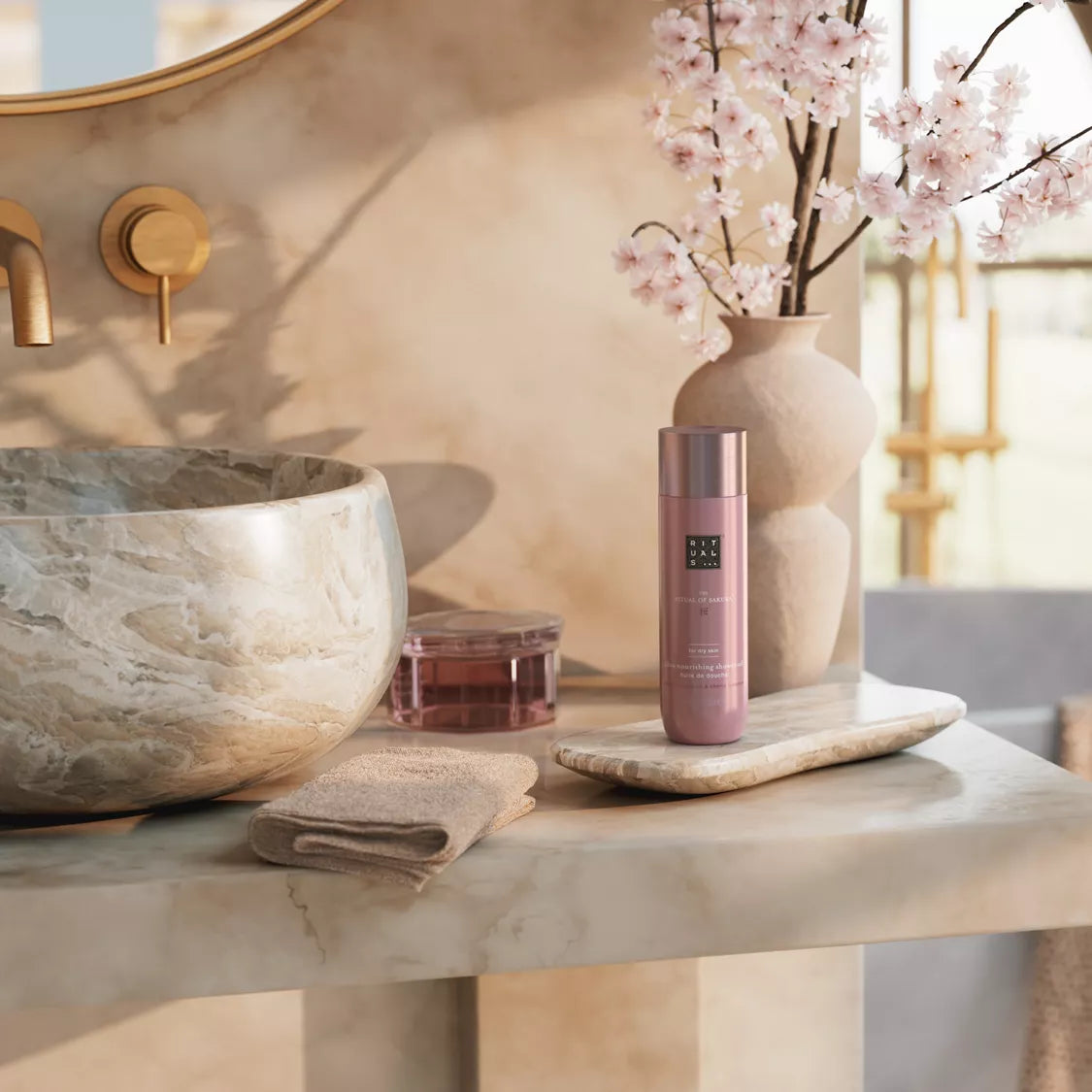 Bathroom counter with skincare products and decorative elements