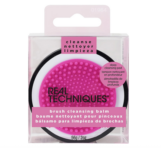 Real Techniques brush cleansing balm packaging with pink cleansing pad