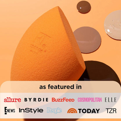 Orange makeup sponge with brand logo on an orange background, featuring multiple media outlet logos below.