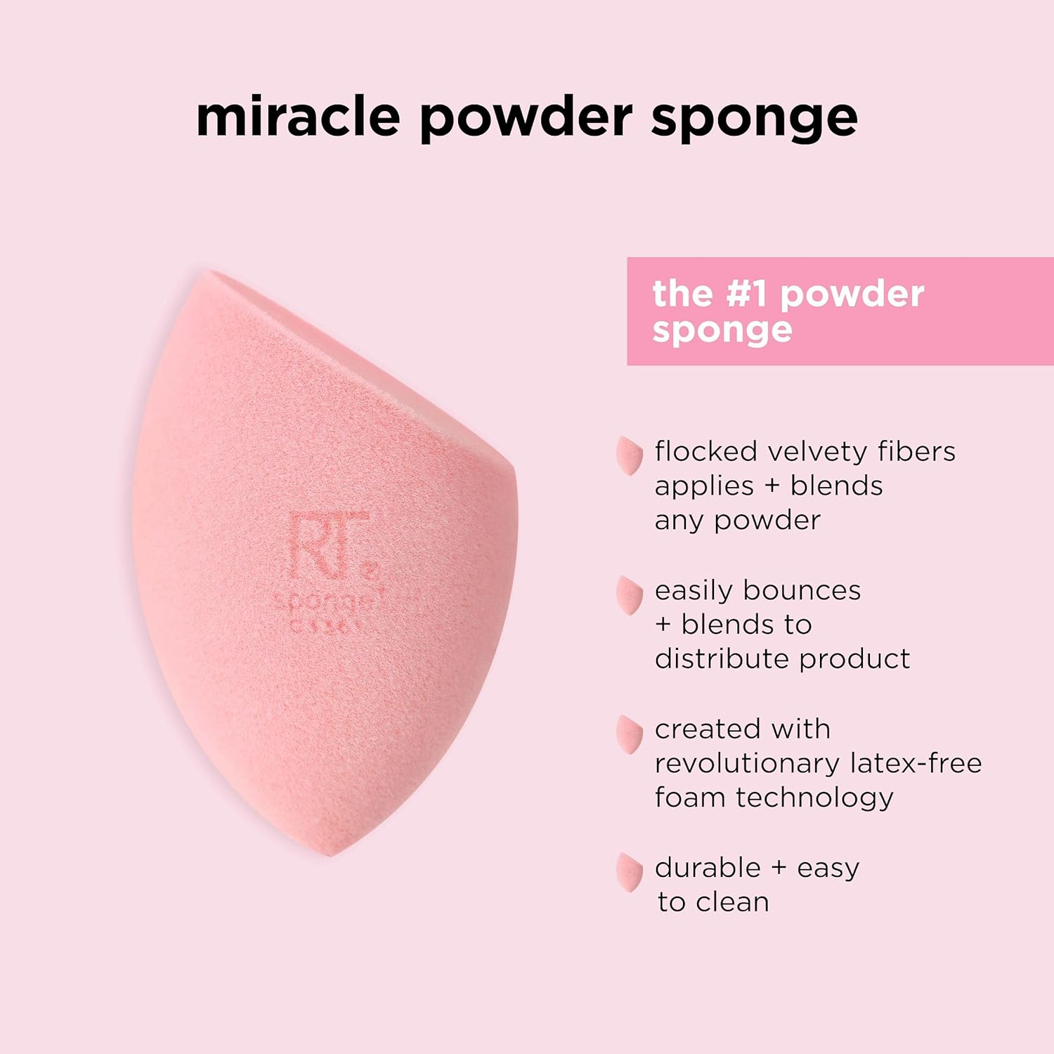 Pink powder sponge with Revlon logo on a pink background, featuring text about its features.