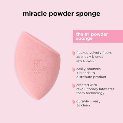 Pink powder sponge with Revlon logo on a pink background, featuring text about its features.