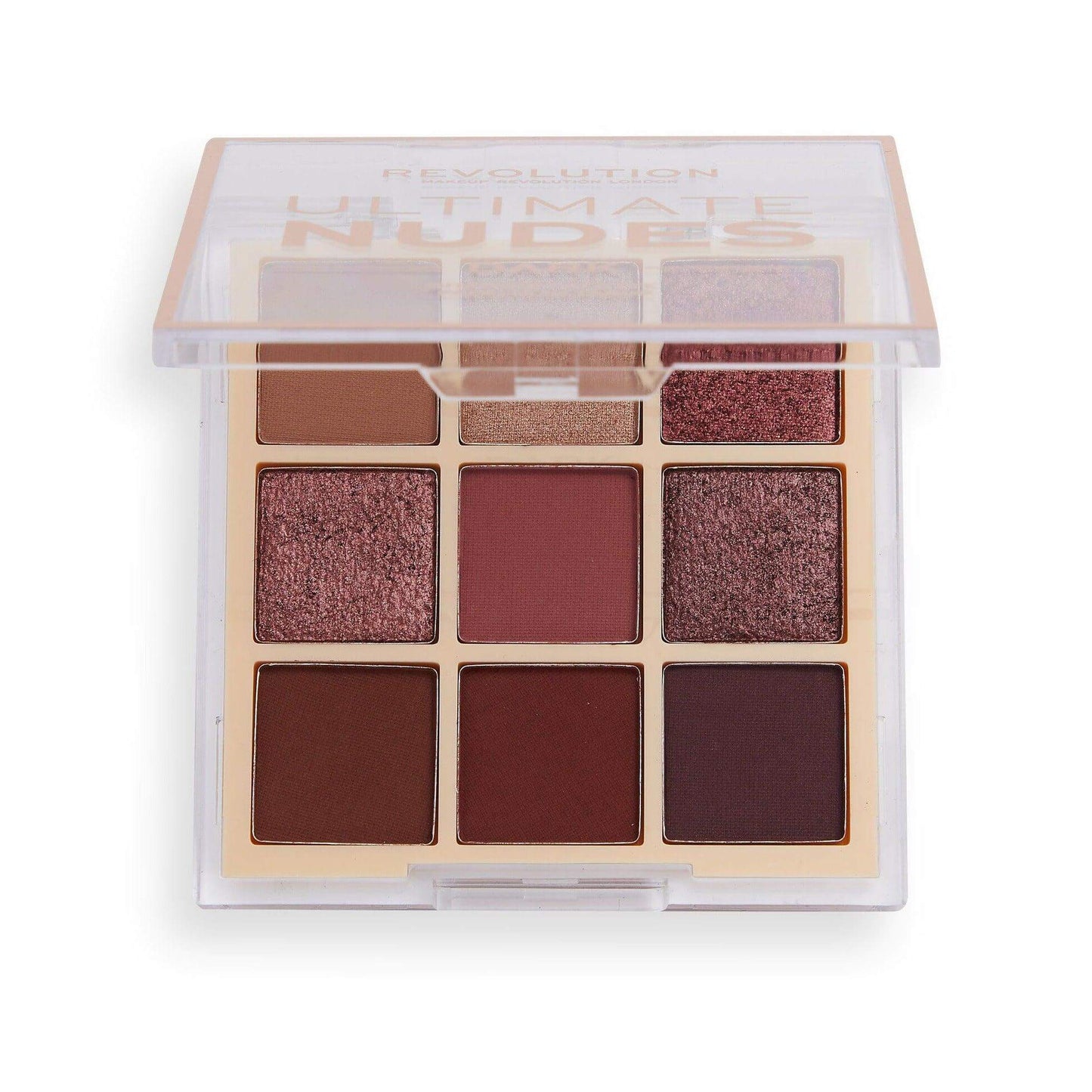 Revolution Ultimate Nudes Eyeshadow Palette in Dark featuring nine shades of brown and glittery pigments.
