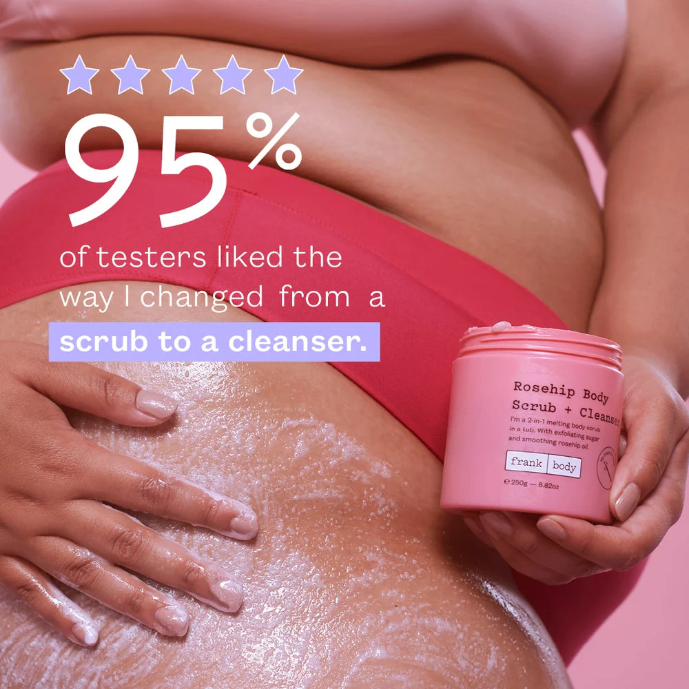Person using a pink scrub and cleanser with text about product satisfaction.