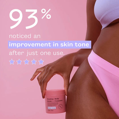 Person holding a pink jar of scrub with text about skin tone improvement on a pink background