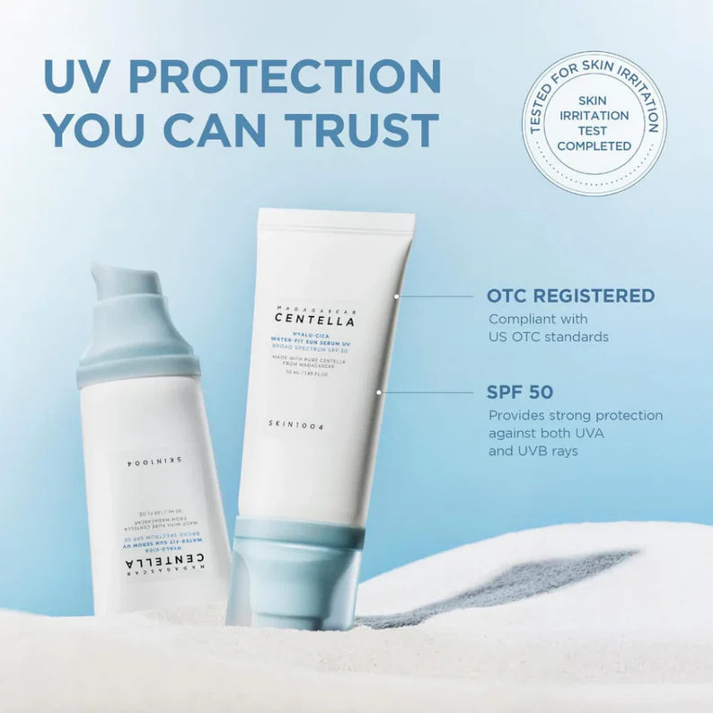 Two skincare products with UV protection text and branding on a light blue background