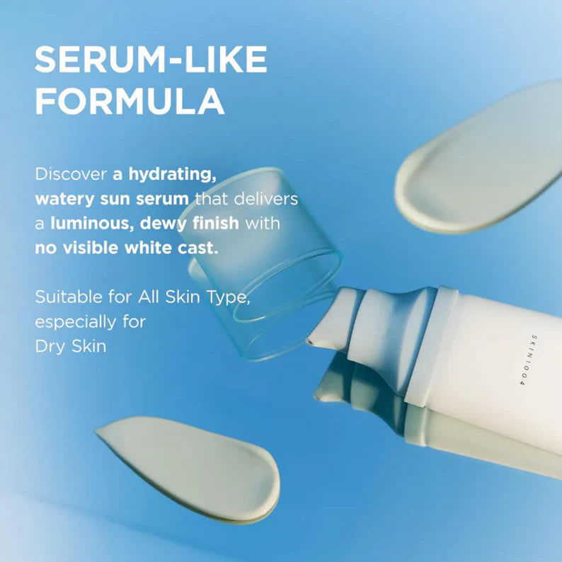 Skincare serum bottle with text on a blue background