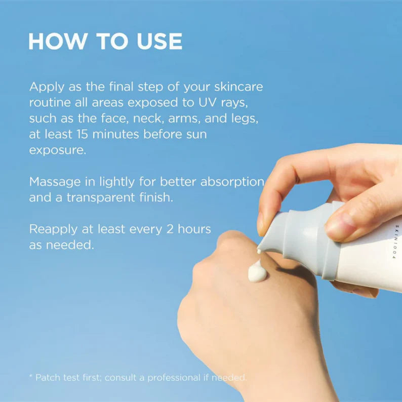 Instructions on how to use sunscreen with a hand applying it against a blue background