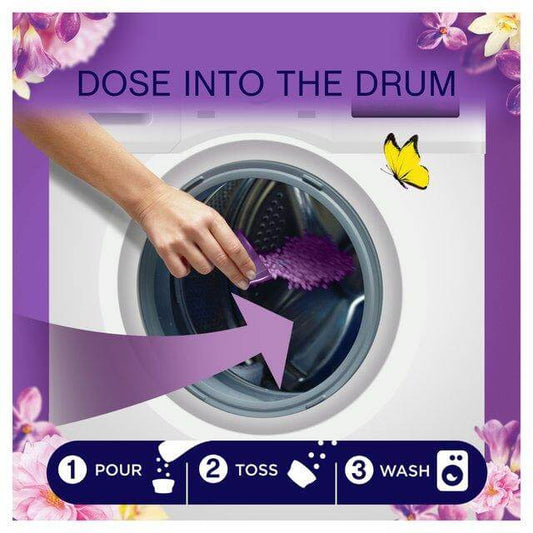 Instructions for using Lenor In-Wash Scent Booster: Pour, Toss, and Wash to freshen laundry.