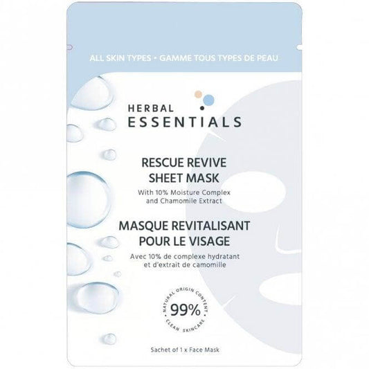 Herbal Essentials Rescue Revive Sheet Mask with moisture complex and chamomile, hydrates all skin types.