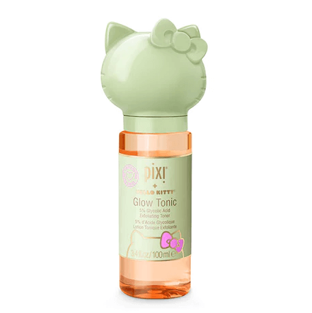 Pixi + Hello Kitty Glow Tonic 100ml bottle with a cute cat-shaped cap for radiant skin.