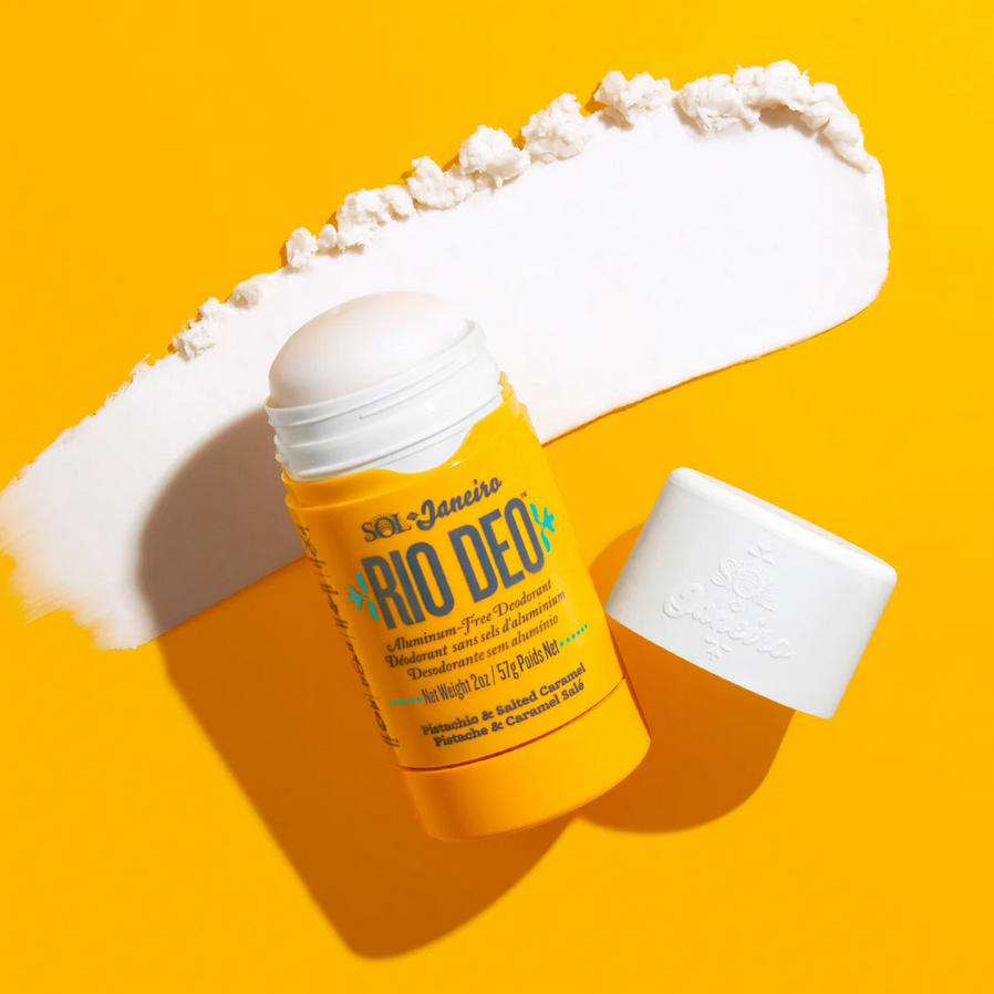 Sol de Janeiro Rio Deo Cheirosa 62 Aluminium-Free Deodorant 57g on a bright yellow background with cream texture