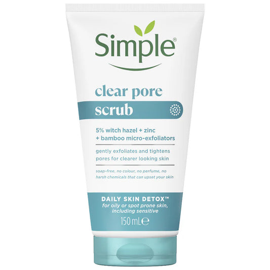 Tube of Simple clear pore scrub on a white background