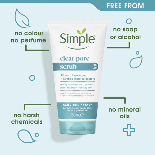 Simple clear pore scrub tube with product features on a light blue background