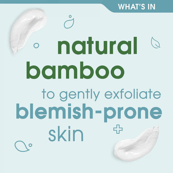 Promotional text about Simple Daily Skin Detox Clear Pore Scrub natural bamboo for exfoliating blemish-prone skin on a light blue background.