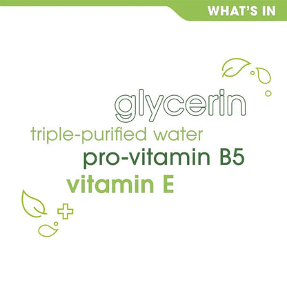 List of ingredients including glycerin, triple-purified water, pro-vitamin B5, and vitamin E on a white background.