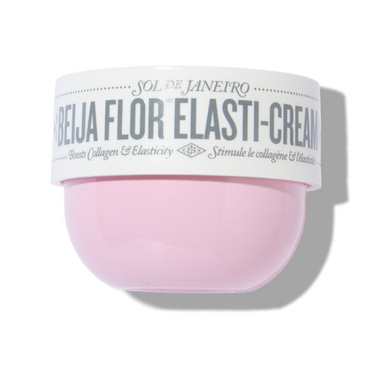 Pink jar of Sol de Janeiro Belja Flor Elasti-Cream on a white background