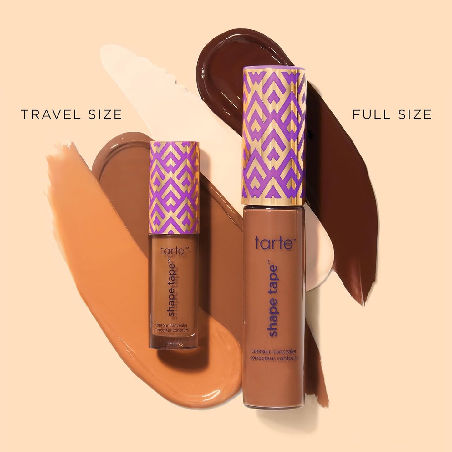 Tarte Shape Tape concealer in travel and full size on a beige background