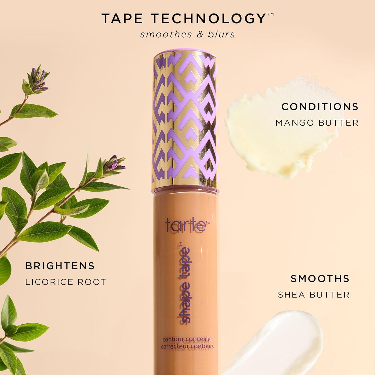 Tarte Shape Tape contour concealer with product details on a beige background