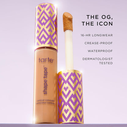 Tarte Shape Tape contour concealer with purple and gold packaging on a light gray background