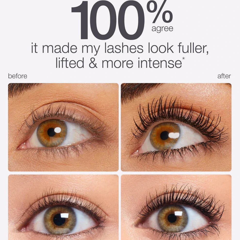Before and after comparison of eyelashes with text indicating product TARTE gifted™ Amazonian clay smart mascara effectiveness.