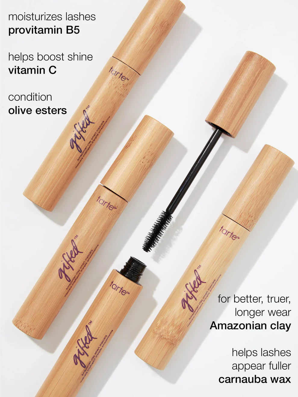 Tarte mascara with wooden applicator on a white background