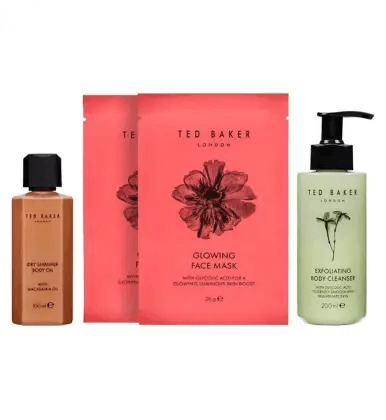 Ted Baker Glowing Skin Collection including body oil, exfoliating cleanser, and face masks for radiant skin.
